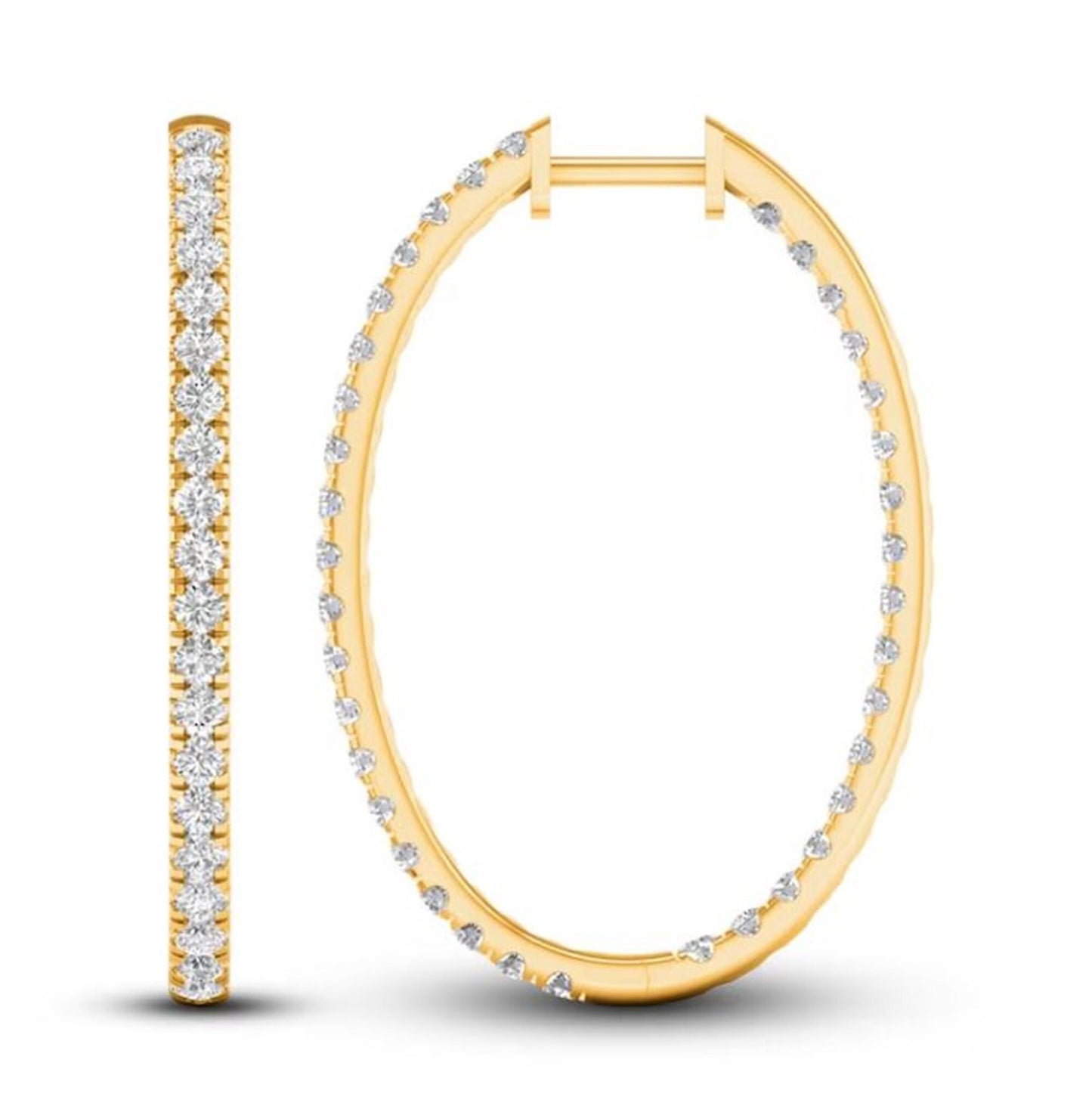 14K Yellow Gold Oval Shape Long Hoop Earrings, 1.90TCW Round Cut Lab Grown Diamond Hoop Earrings For Women, E-F, VVS-VS CVD Diamond Hoops