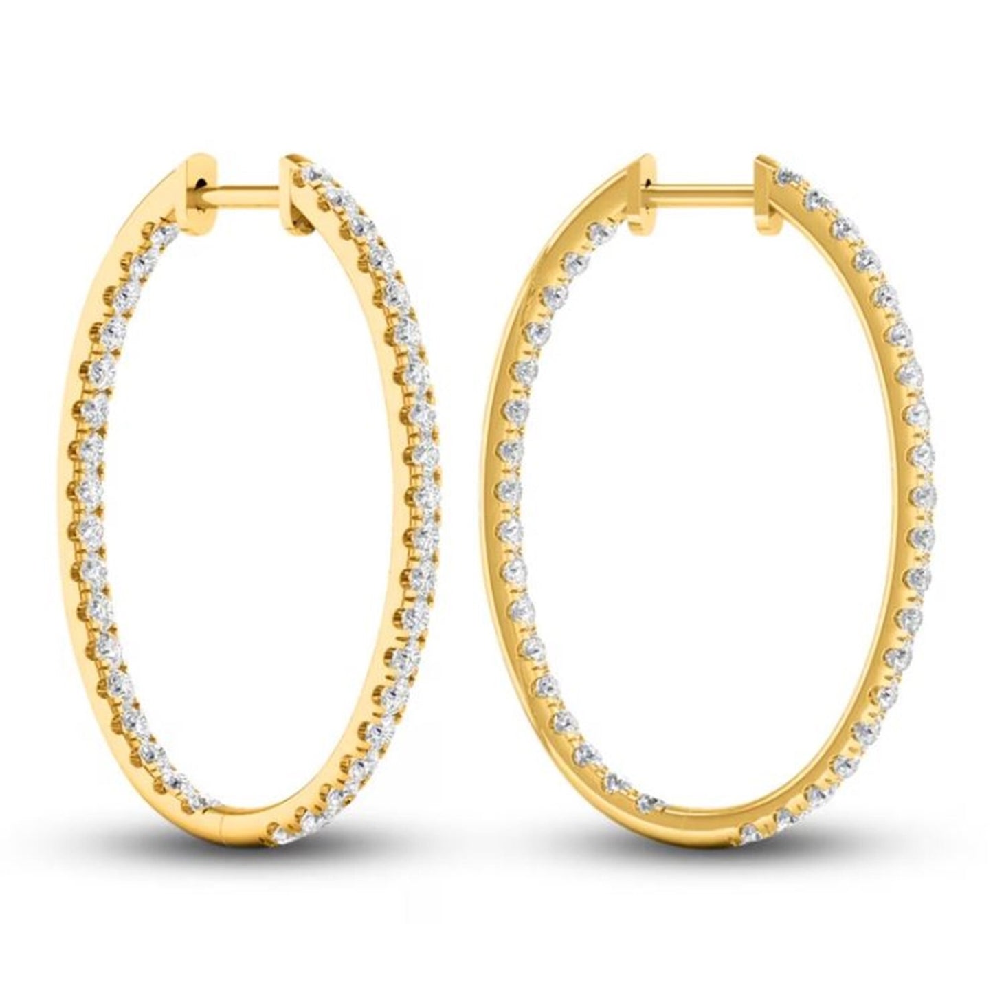 14K Yellow Gold Oval Shape Long Hoop Earrings, 1.90TCW Round Cut Lab Grown Diamond Hoop Earrings For Women, E-F, VVS-VS CVD Diamond Hoops