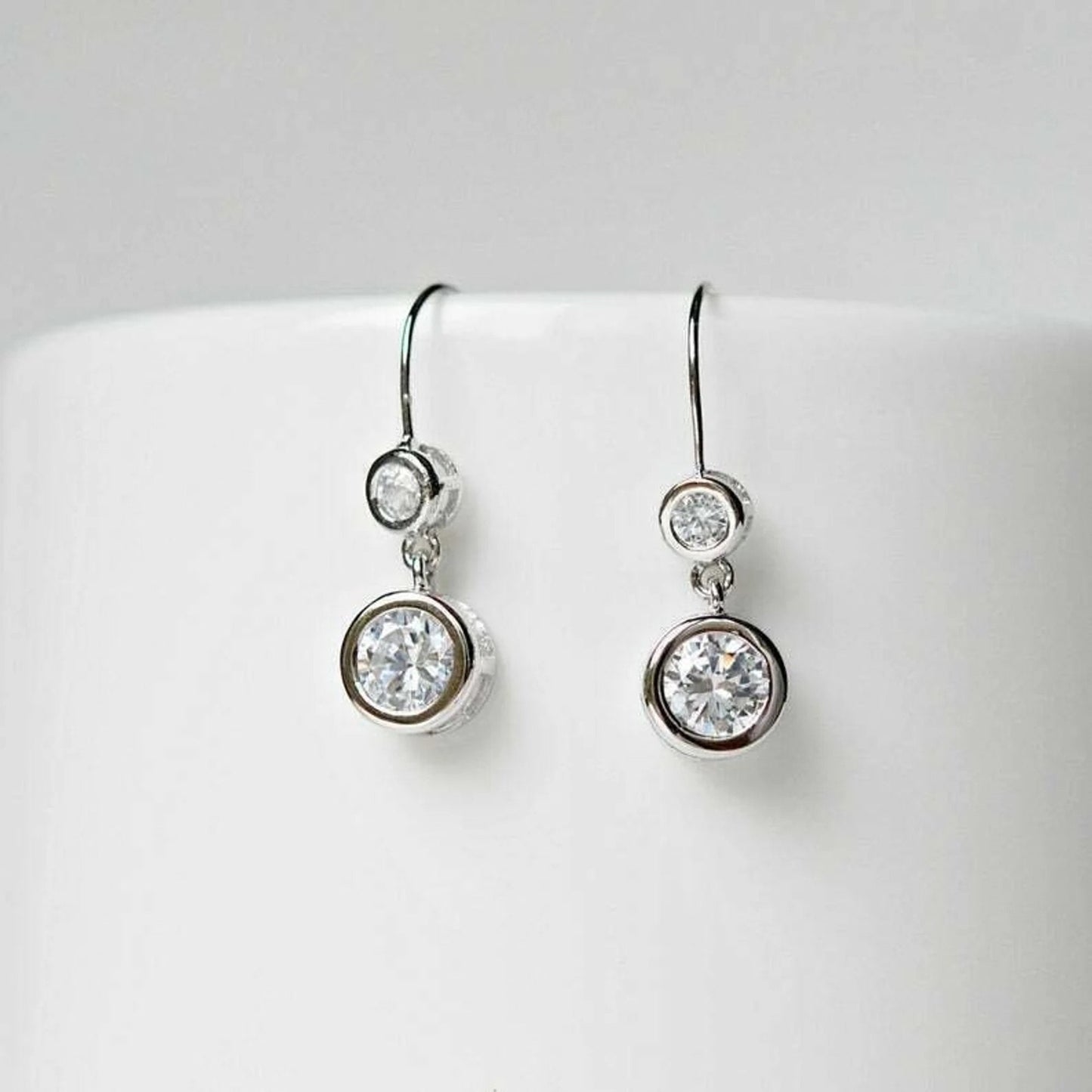 Bezel Set Two Stone Drop Dangle Earrings, 1.88TCW Round Lab Grown Diamond Drop Earrings, Hook Lock Solitaire Earrings, Birthday Gift For Her