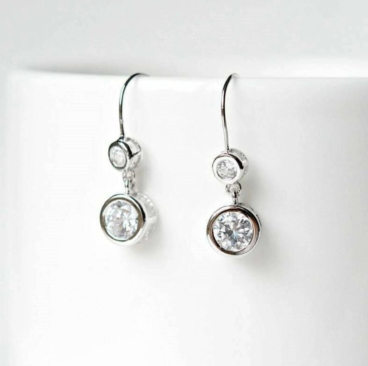 Bezel Set Two Stone Drop Dangle Earrings, 1.88TCW Round Lab Grown Diamond Drop Earrings, Hook Lock Solitaire Earrings, Birthday Gift For Her