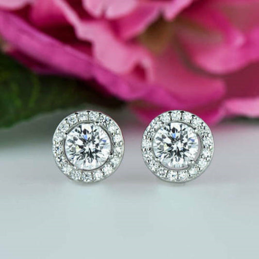 2.06TCW Round Lab Grown Diamond Halo Stud Earrings, Screw Back Stud Earrings, Women's Wedding Gift Stud Earrings, 14K White Gold Earrings