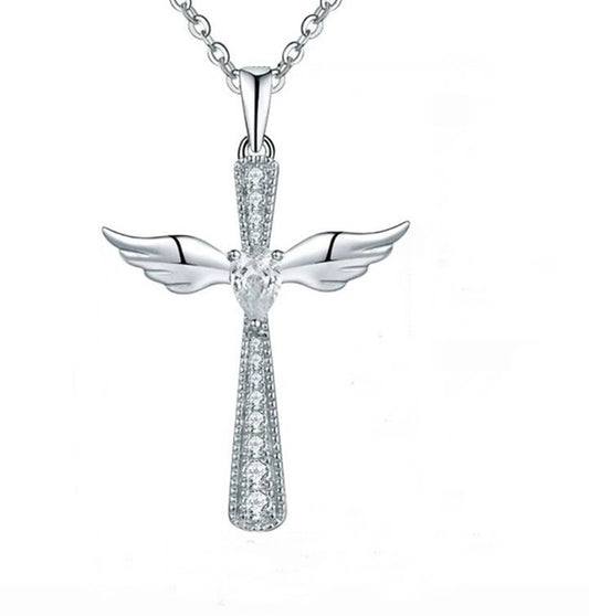 Lab Grown Diamond Angel Wing Cross Pendant, Gift For Christmas, Religious Pendant, 0.70TCW Round Lab Grown Diamond Christian Cross Pendant