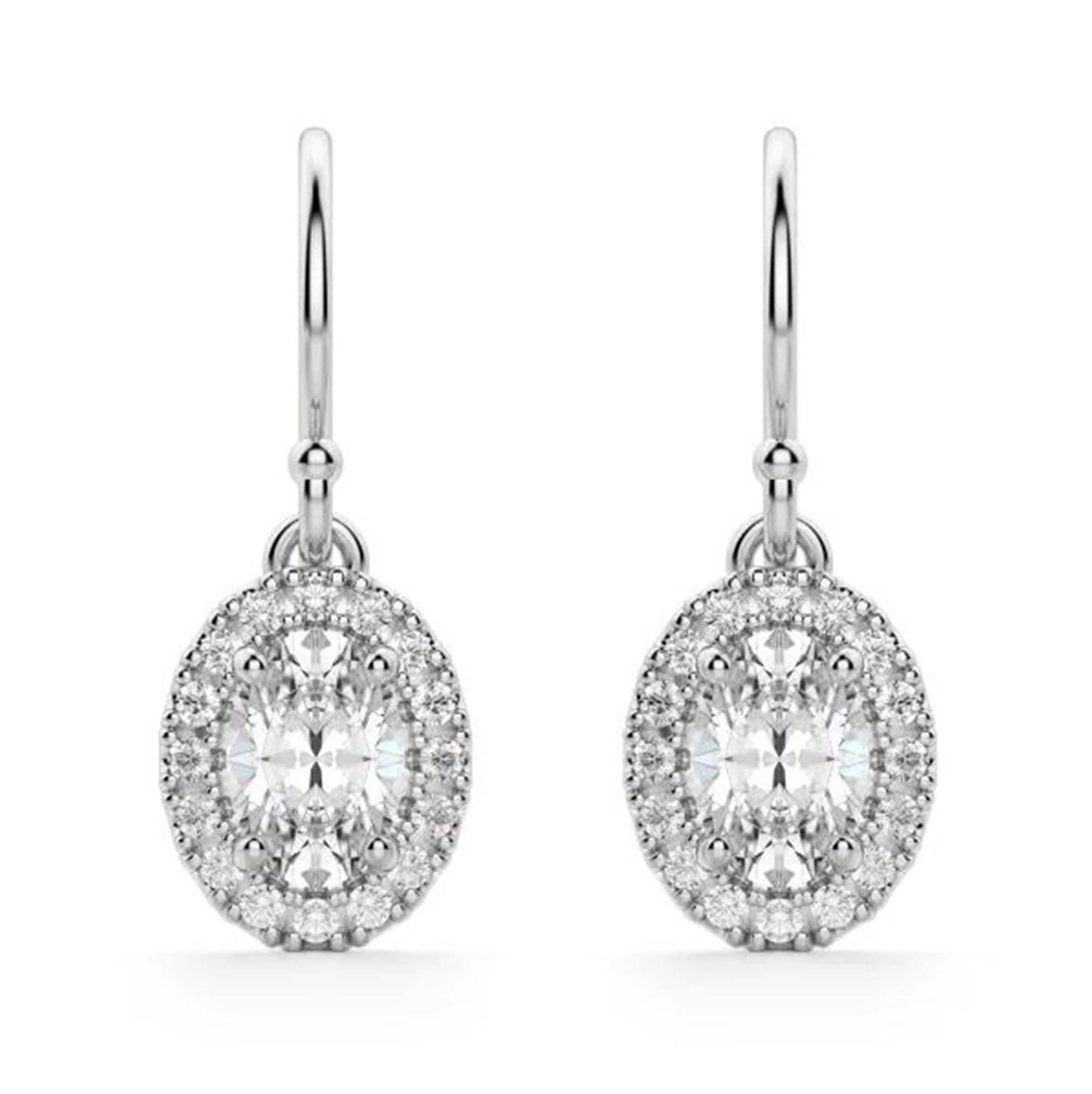 Lab Grown Diamond Drop & Dangle Earrings, IGI Certified 2.95TCW Oval Lab Grown Diamond Halo Drop Hook Earrings, Wedding Engagement Earrings