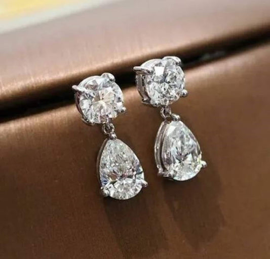 IGI Certified Lab Grown Diamond Dangle Drop Earrings, 6.66TCW Round & Pear Lab Grown Diamond Drop Earrings, Screw Back Two Stone Earrings