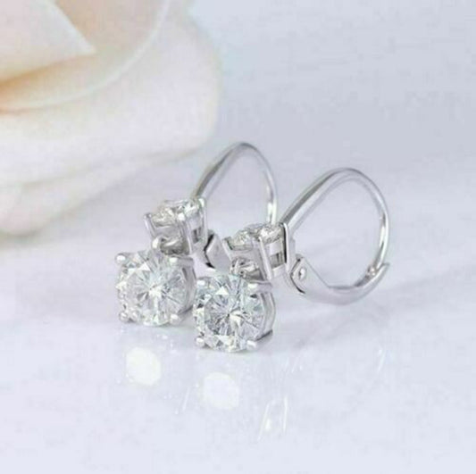 1.32TCW Round Lab Grown Diamond Drop Dangle Earring, Two Stone Lever Back Drop Earrings, 14K Gold Wedding Engagement Gift Earrings For Women