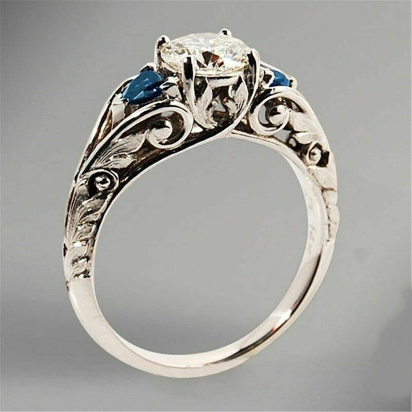 Filigree Art Deco Sapphire Ring/Three Stone Engagement Ring/White Round & Blue Trillion Cut Diamond Woman's Ring/14K Gold Wedding Ring