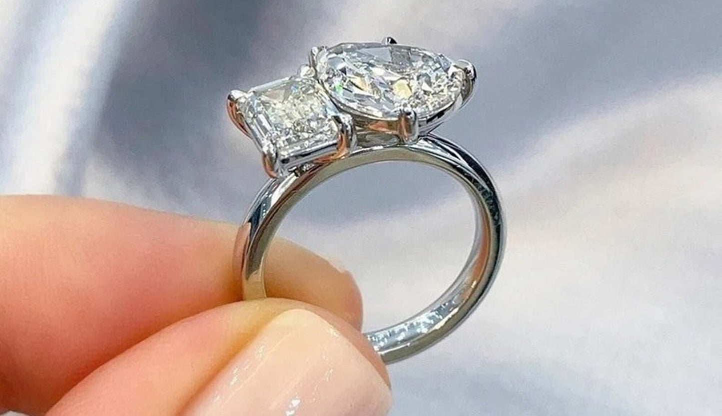 Charming Huge Pear & Emerald Cut Colorless Diamond Ring/Two Stone Toi Et Moi Ring/Silver Or Gold Double Stone Ring/You And Me Ring