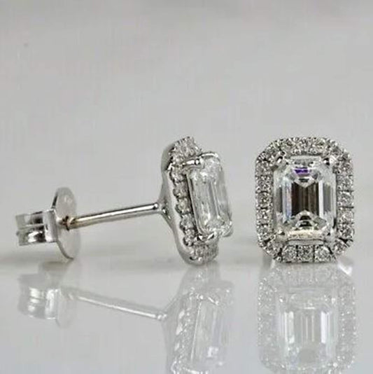 2.50TCW G/VS1 Emerald Cut Lab Grown Diamond Halo Stud Earrings, IGI Certified Lab Grown Diamond Stud Push Back Earrings, Daily Wear Earring