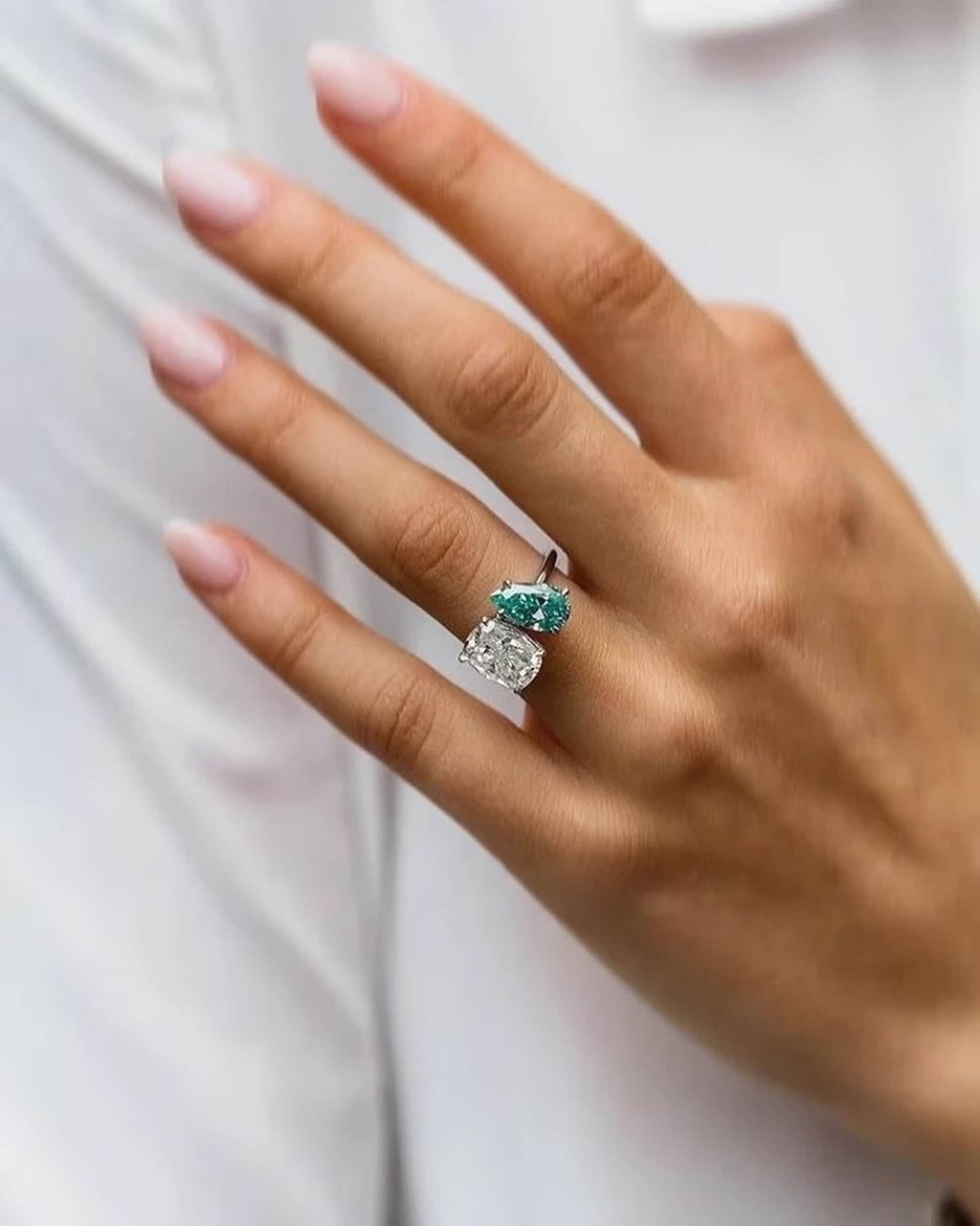 Charming Aqua Pear Shape Ring/Colorless Cushion CZ Stone Solitaire Ring/Toi Et Moi Two Stone Ring/14K White Gold Gemstone Ring
