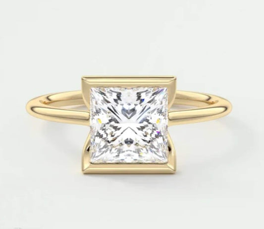 Half Bezel Set Princess Cut Moissanite Diamond Ring/14K Yellow Gold Solitaire Ring For Women's/Daily Wear Ring/Birthday Gift Ring