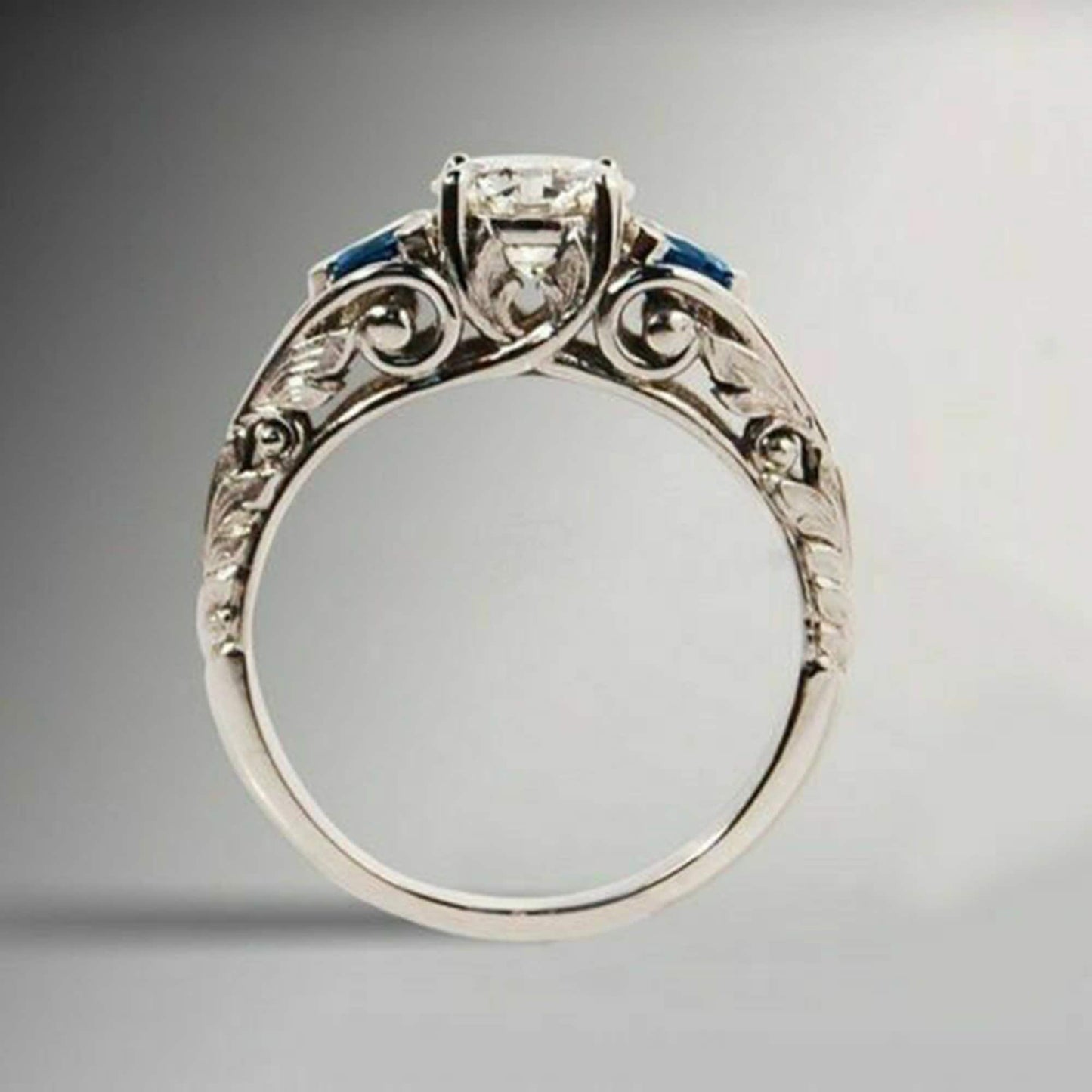 Filigree Art Deco Sapphire Ring/Three Stone Engagement Ring/White Round & Blue Trillion Cut Diamond Woman's Ring/14K Gold Wedding Ring